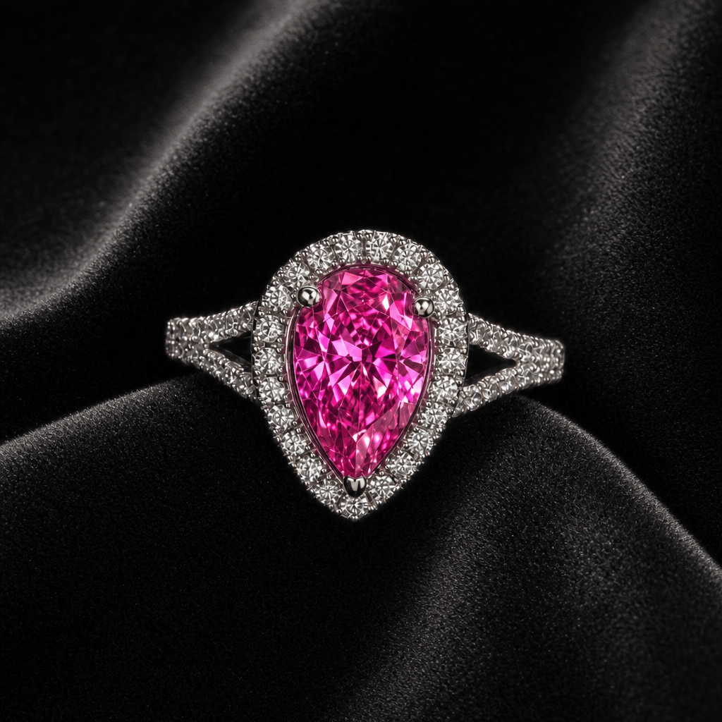 Custom pink sapphire and diamond halo ring designed at Cranstoun Court Jewellers Sun City West
