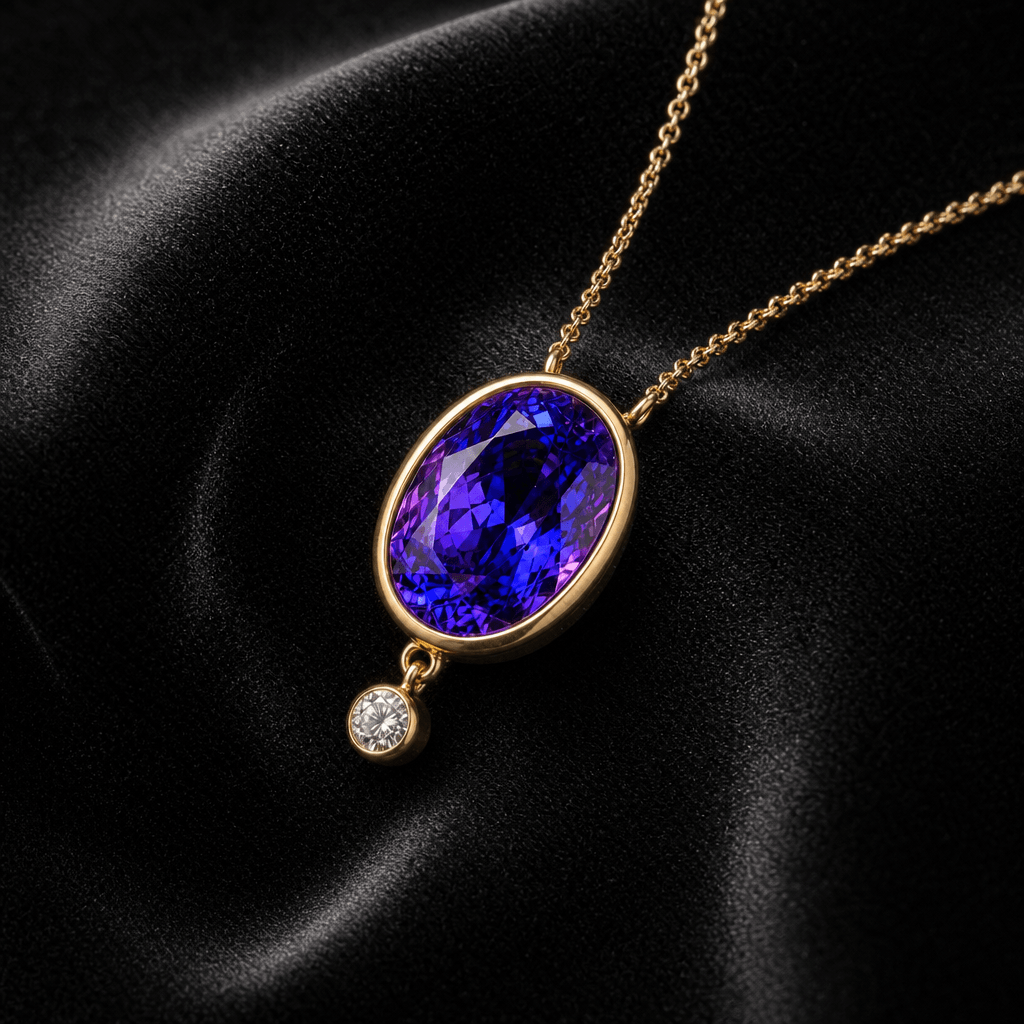 Custom tanzanite and diamond pendant drop necklace handcrafted at Cranstoun Court Jewellers